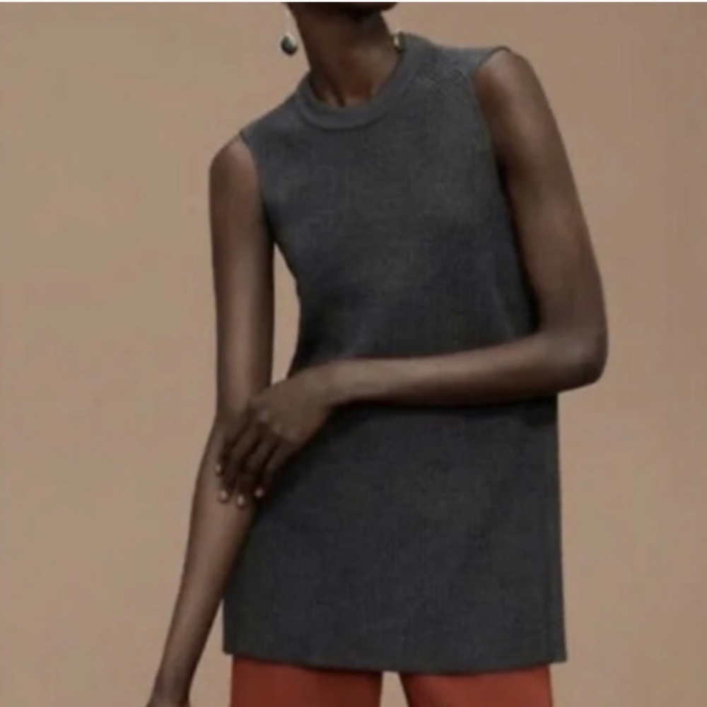 WILFRED Aritzia Palmier Tunic Wool Sweater Sleeveless Knit Side Slit Charcoal